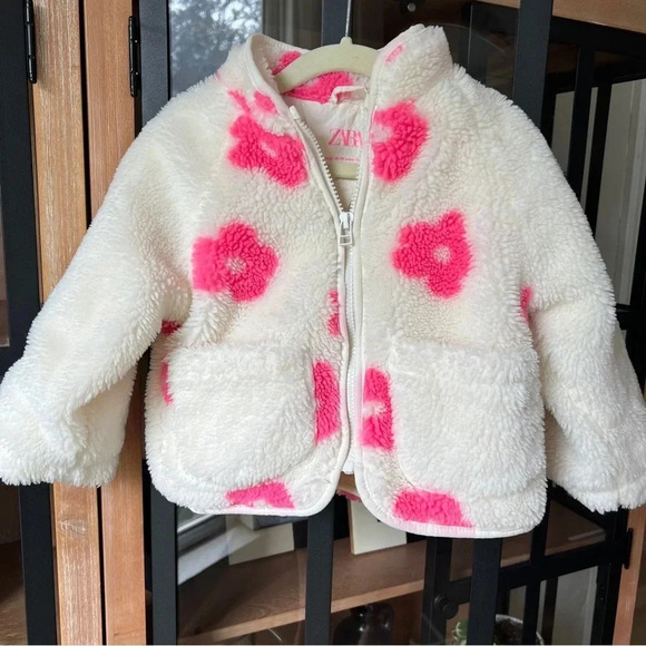 Zara Kids fleece jacket zip up floral neon groovy Sherpa pockets toddler girl - Picture 1 of 5